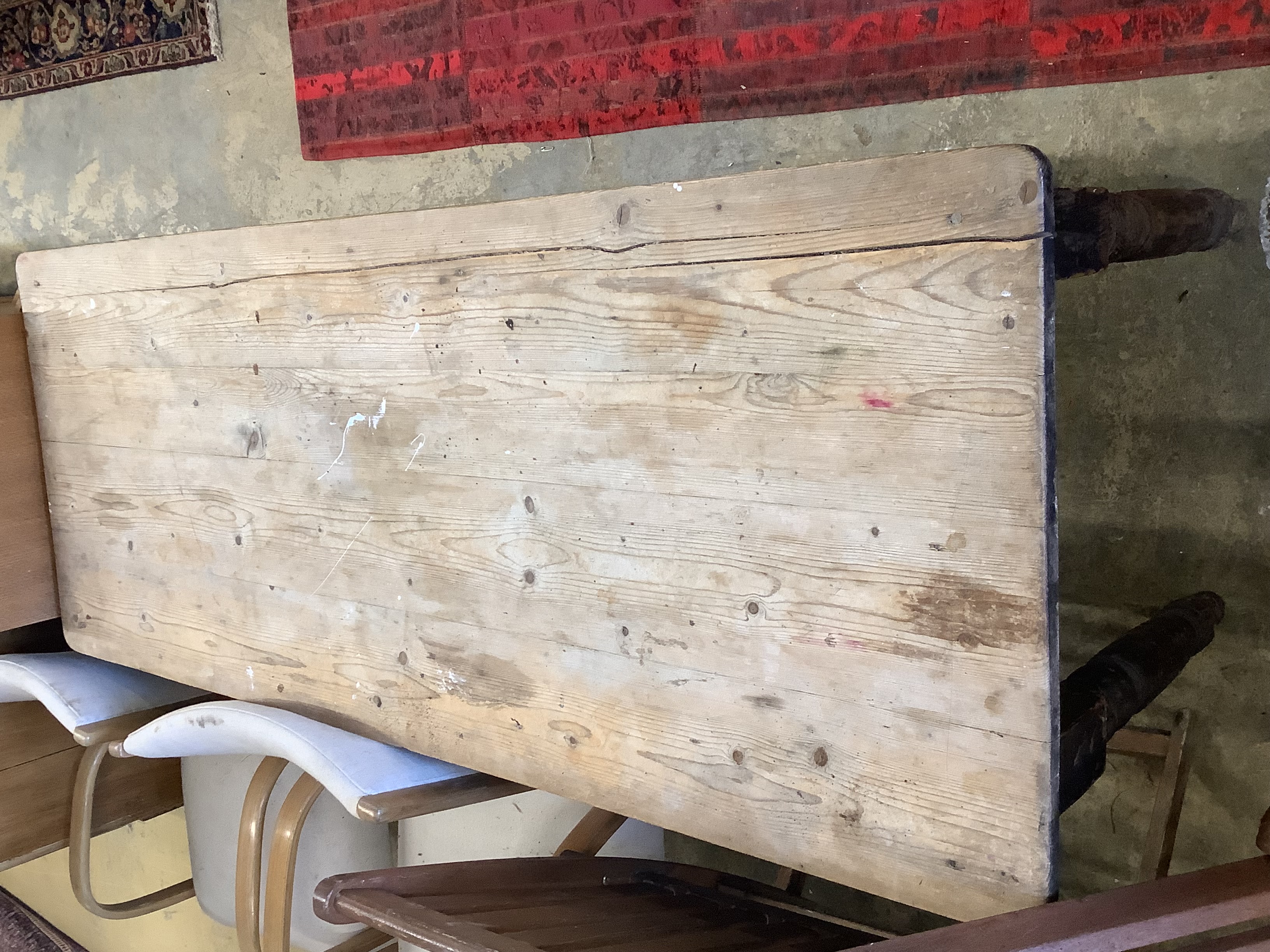 A Victorian rectangular pine kitchen table, width 150cm, depth 58cm, height 71cm